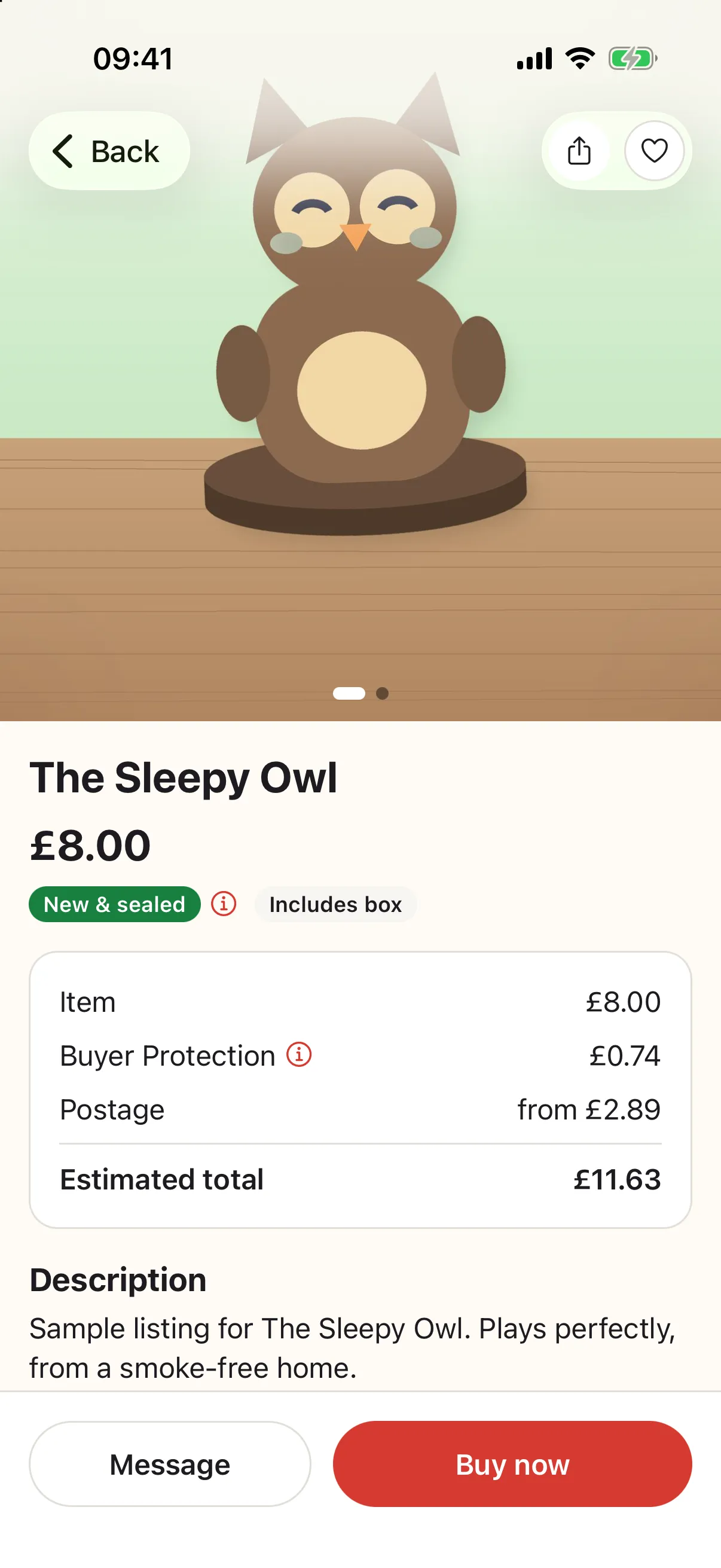 A listing in the app showing photos, the price and the Buyer Protection breakdown